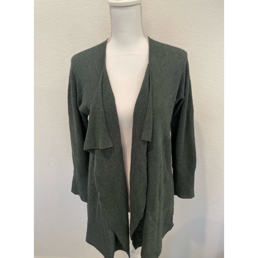 Eileen Fisher Merino Wool Draped Waterfall Open Cardigan Olive Green XL Luxury